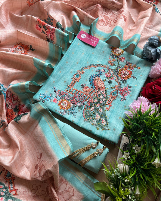 Combination Tussar suit set with highlighted knot work