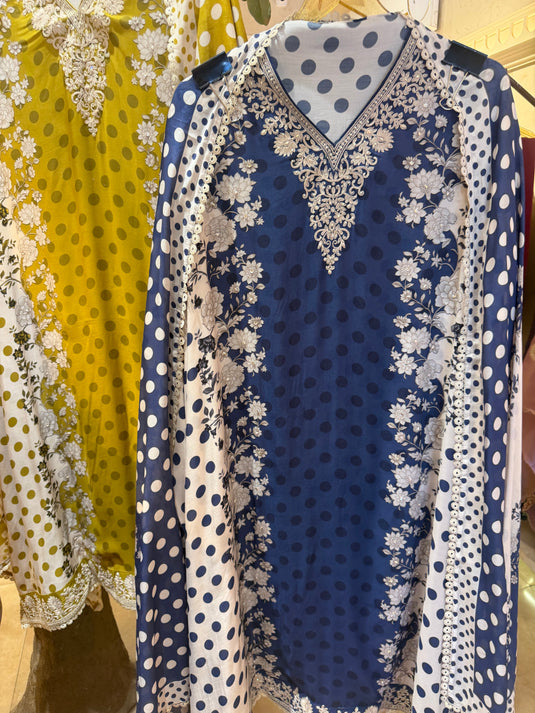 Polka dots floral fusion pure muslin suit  set