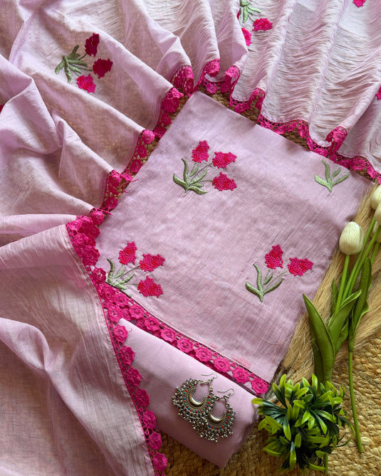 Raspberry french knots soft Mul Chanderi suit set