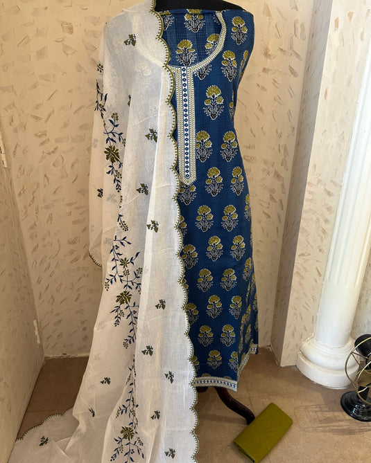 Block print combination suit set with embroidered cotton silk dupatta