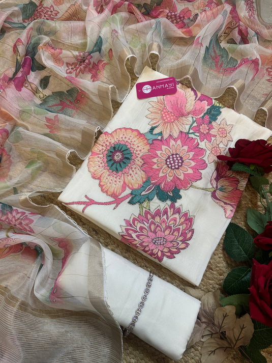 Slub cotton digital patch ivory suit with soft organza dupatta