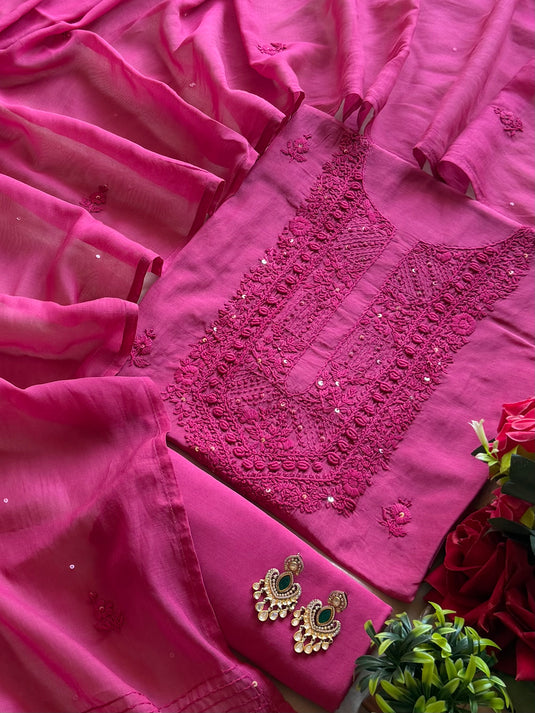 Monochrome French knot work pure mul chanderi suit set