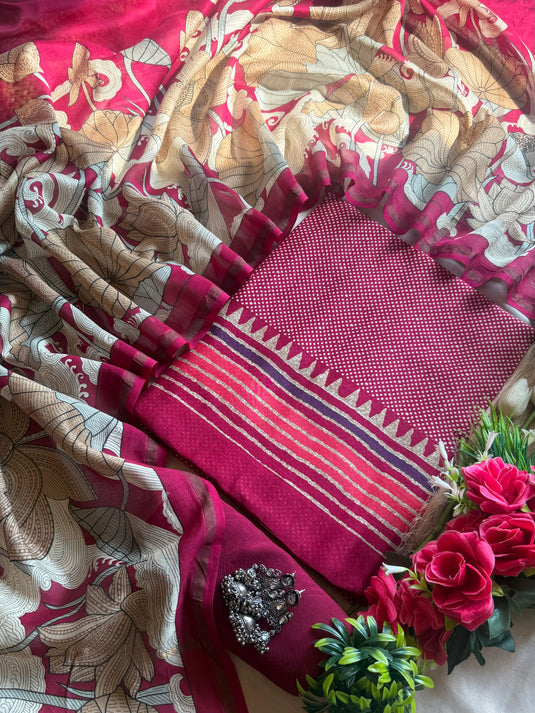 Maheshwari silk dots print suit set with floral dupatta