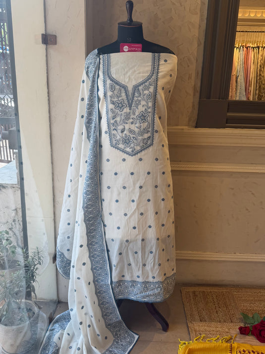 Cotton weave pearl highlight indigo cream suit set