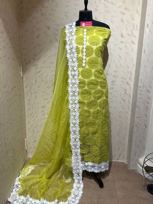Sunflower organza suit set with crochet lace work