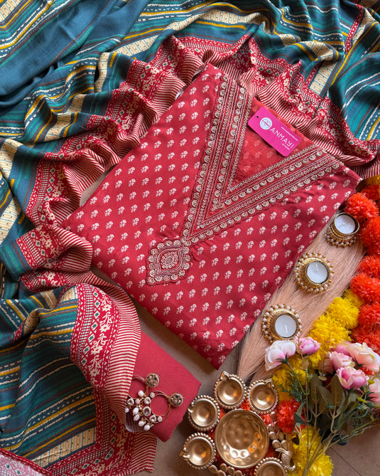 Soft Pashmina brocade print suit set