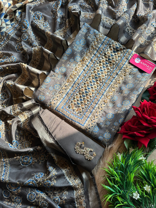 Pure tussar printed knot work suit set