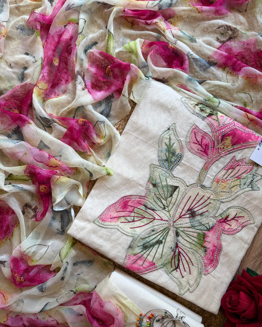 Cotton patch work cream suit set with pure chiffon floral dupatta