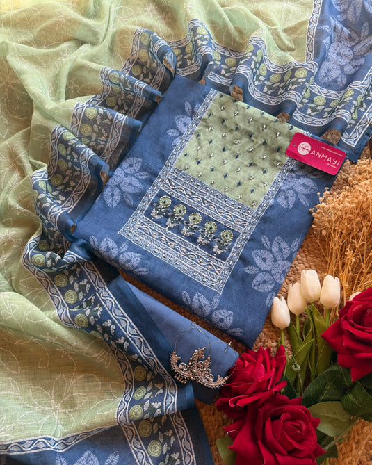 Indigo linen suit set with patterned neck and shaded dupatta