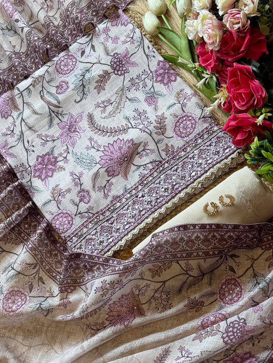 Chanderi silk beige flower print suit set