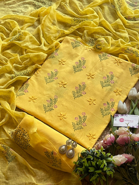 Applique flower pure cotton yellow suit set with pure chiffon dupatta