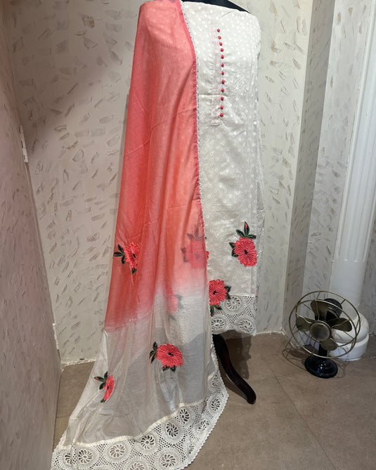 Wool work crochet lace self cotton suit set with ombré kota dupatta