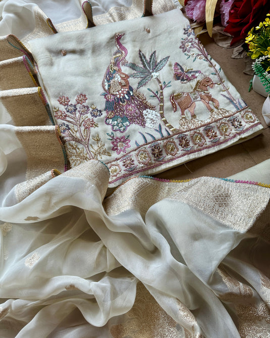 Shimmer organza hand crafted garden scene suit