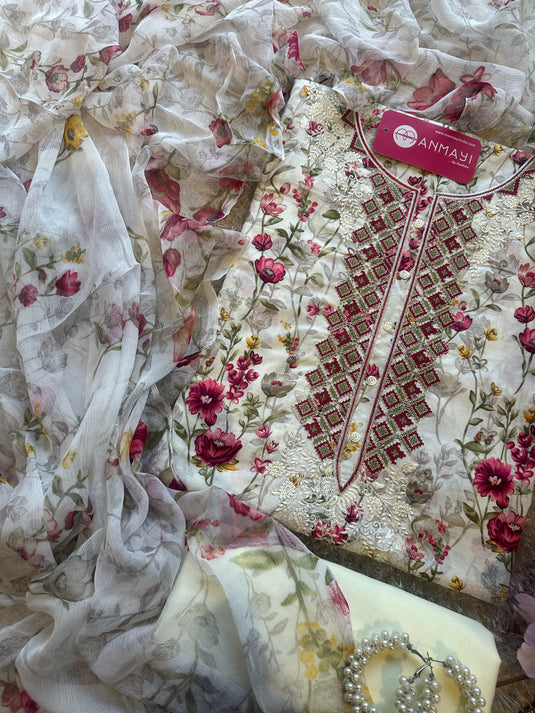 Red floral garden cambric cotton suit with chiffon printed dupatta