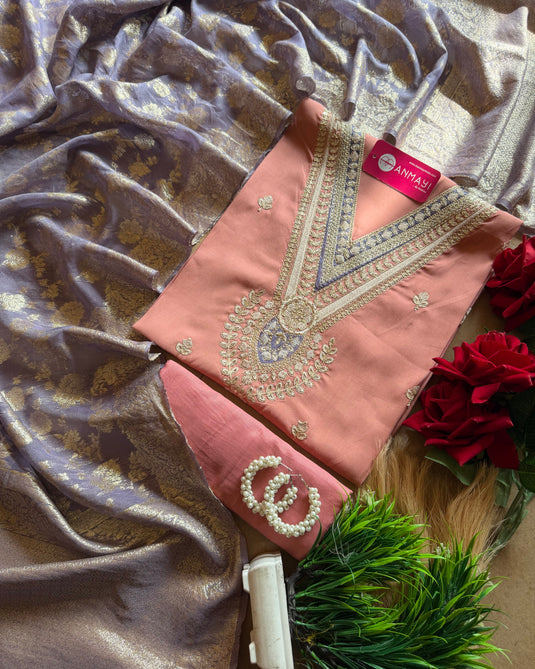 Modal muslin embroidered V neck suit set with Banarasi dupatta