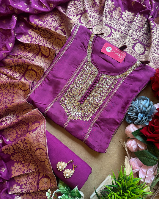 Upada silk gotta mirror work suit set with banarasi silk dupatta