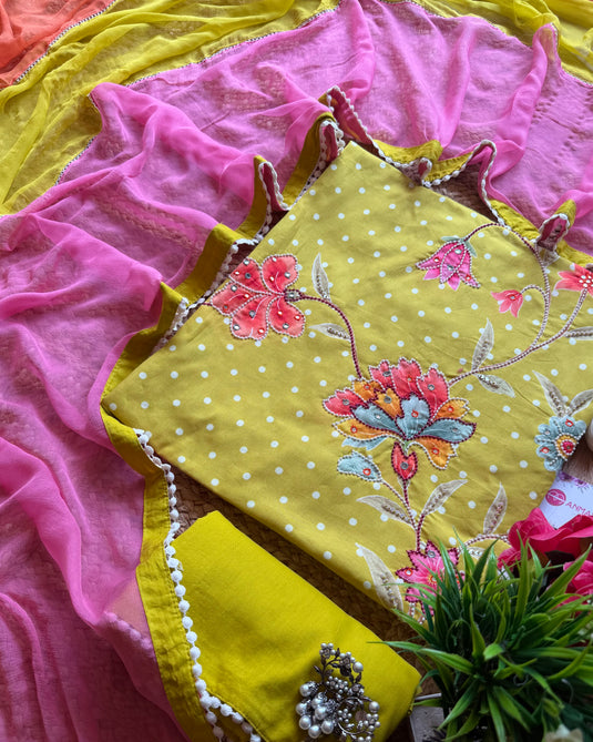Highlighted hibiscus pure cotton polka dots suit set with tricolour dupatta