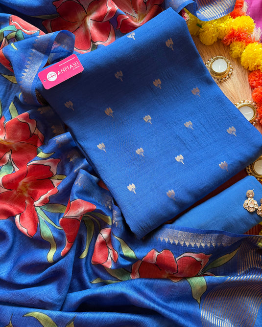 Moonga silk festive banarasi suit with handprint dupatta