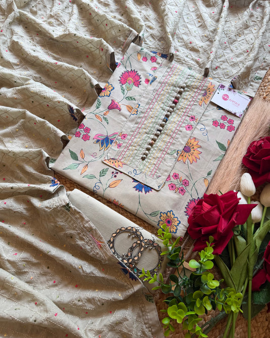 Boondi buttoned neck printed Cambric cotton suit set