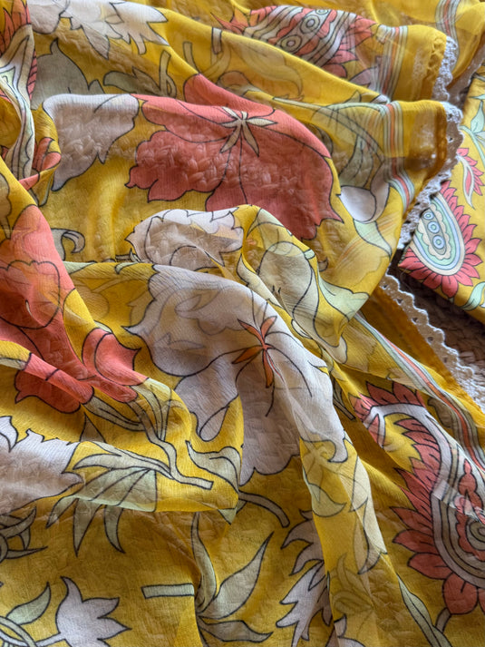 Cotton Pakistani tassel neck yellow floral suit set