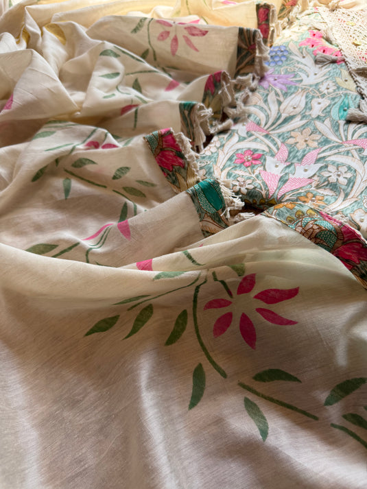 Digital print cotton suit set with handpainted cotton silk dupatta and tassel neck
