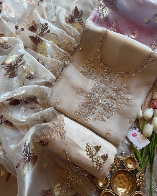Organza beads work suit set with foil print dupatta