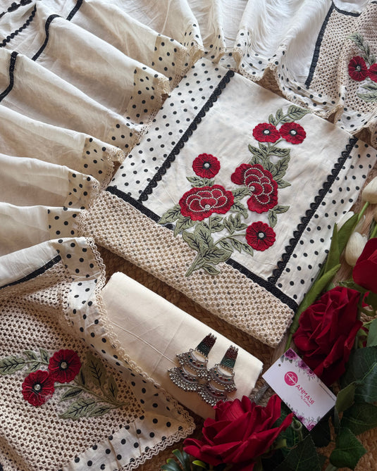 Black and white Pakistani crochet suit set with patches