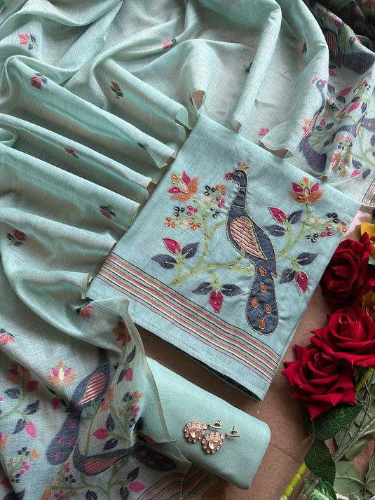 Jamdani soft shade highlighted peacock cotton silk suit set