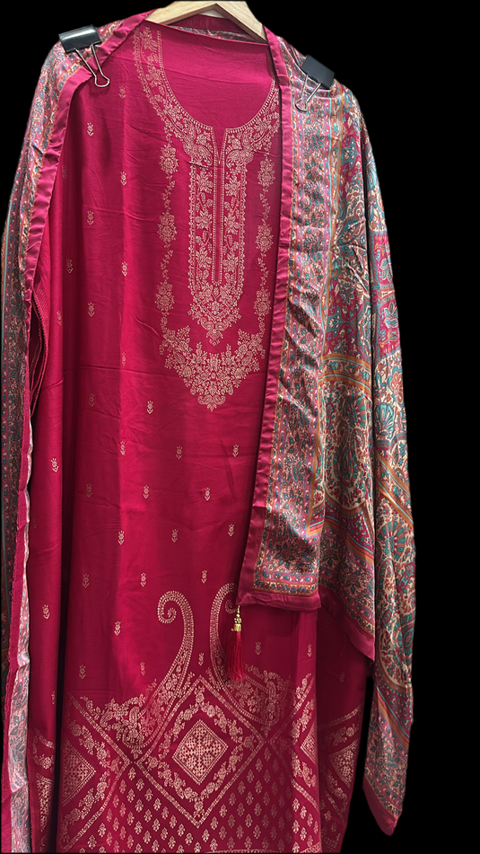 Soft semi pashmina Banarasi work suits with gajji silk dupatta