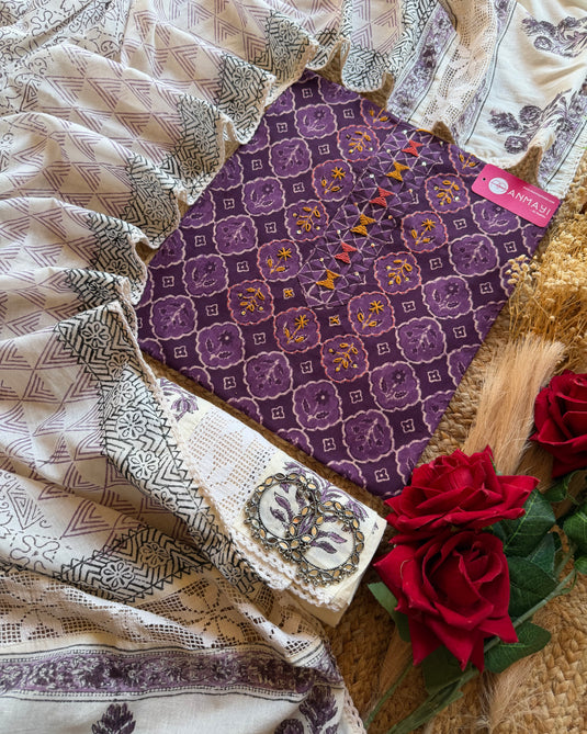 Flower frame cotton suit set with block print crochet dupatta and bottom