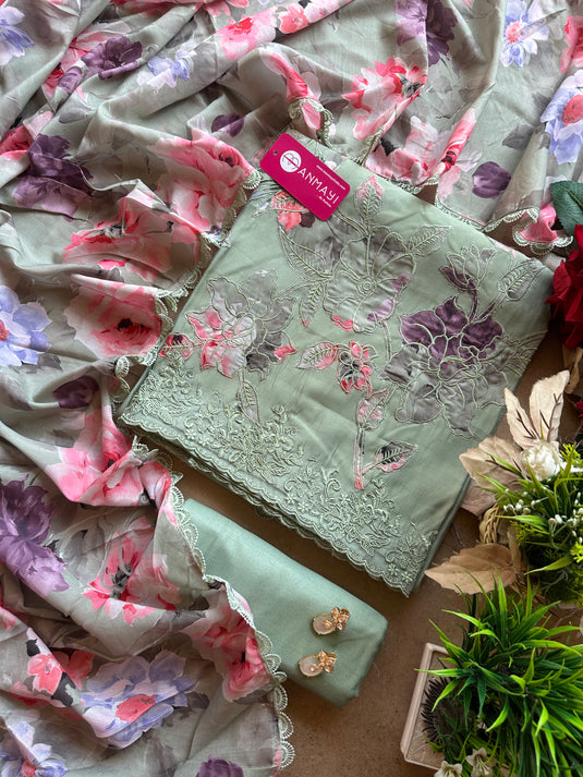Chanderi appliqué work suit set with digital floral modal dupatta