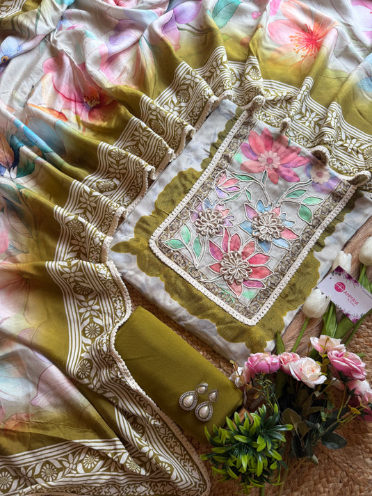 Crochet muslin printed suit set