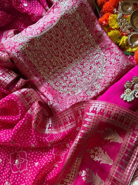 Brocade silk pita pearl work suit set with Banarasi Georgette dupatta