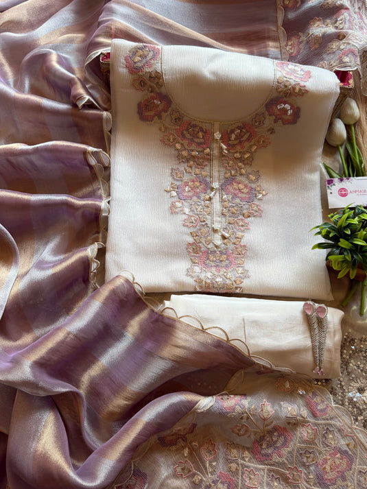 Cream crushed tissue suit set with cross stitch embroidery and shaded pure silk dupatta