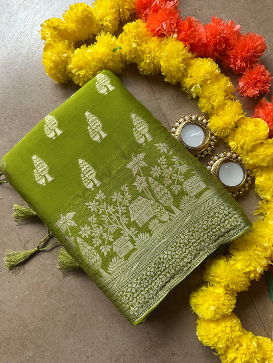 Pine tree chiffon banarasi saree with tassels
