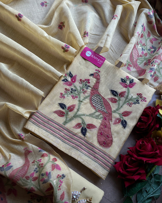 Jamdani soft shade highlighted peacock cotton silk suit set