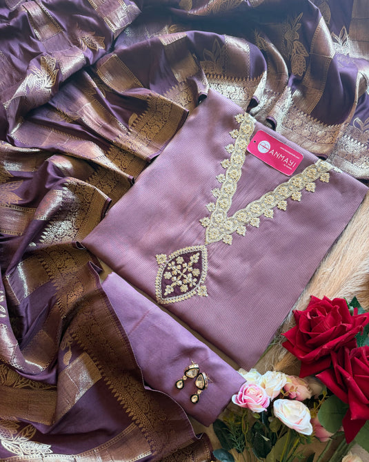Shimmer lines cotton silk suit set with jacquard silk dupatta