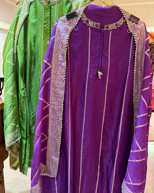 Upada Silk gotta work semi stitched suit set with banarasi dupatta