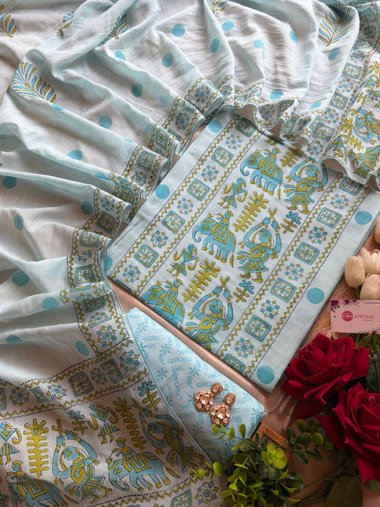 Pichwai folk motif style m with block-print suit set