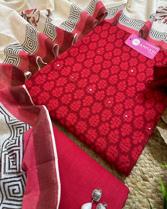 Jaipuri cotton bold red mirror highlight suit with block print dupatta