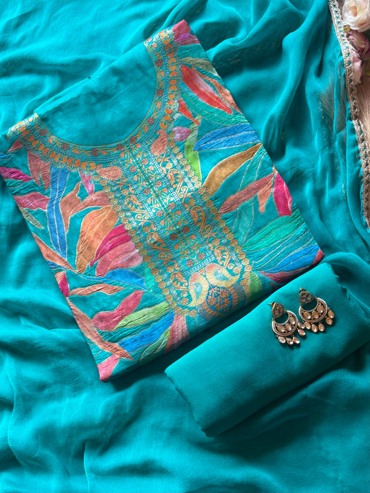 Dolla Silk coloured leaf suit set with chiffon dupatta