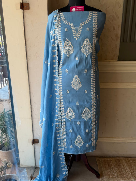 Mul Chanderi white thread work ice blue suit set
