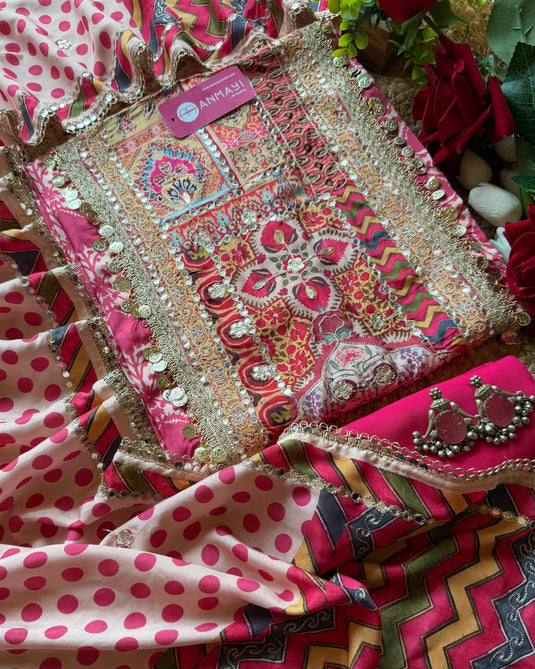 Coin work boho neck hot pink suit set