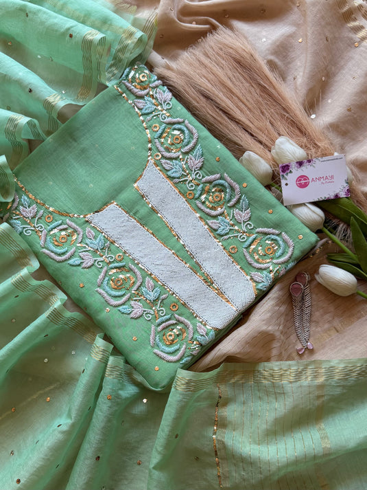 Pure Mul Mukaish Kamdani hand embroidered suit set (Design 1)