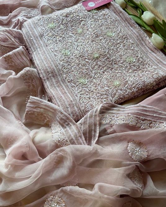Pure Georgette Chikankari panel Suit Set with chiffon patched dupatta