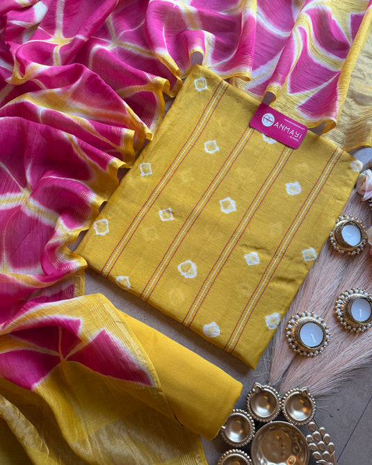 Pure Mul Bandhej Suit set with Shibori dupatta