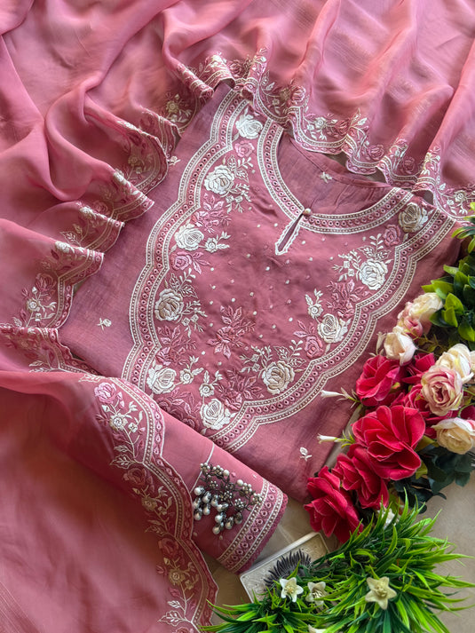 Semi stitched parsi work patched organza neck pure Mul cotton suit