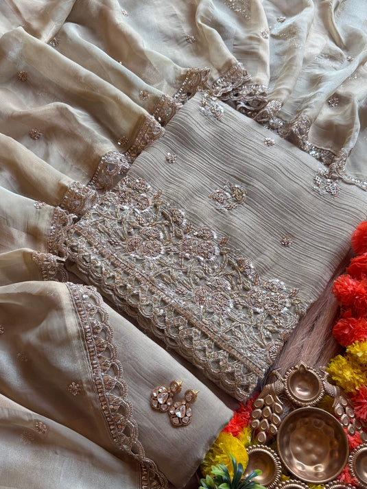 Crushed shimmer jaal cutwork embroidered suit set
