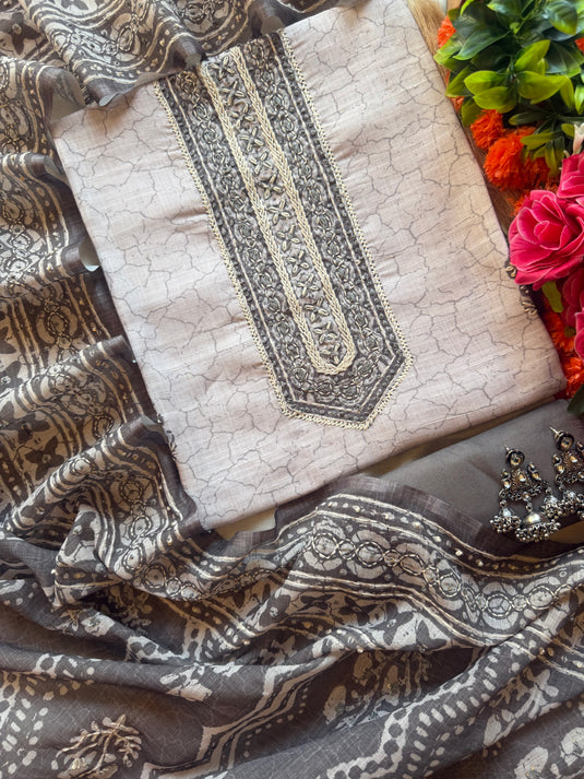 Ivory grey abstract kantha dupatta linen suit set