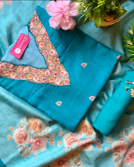 Soft Chanderi parsi neck work suit set with digital print dupattas
